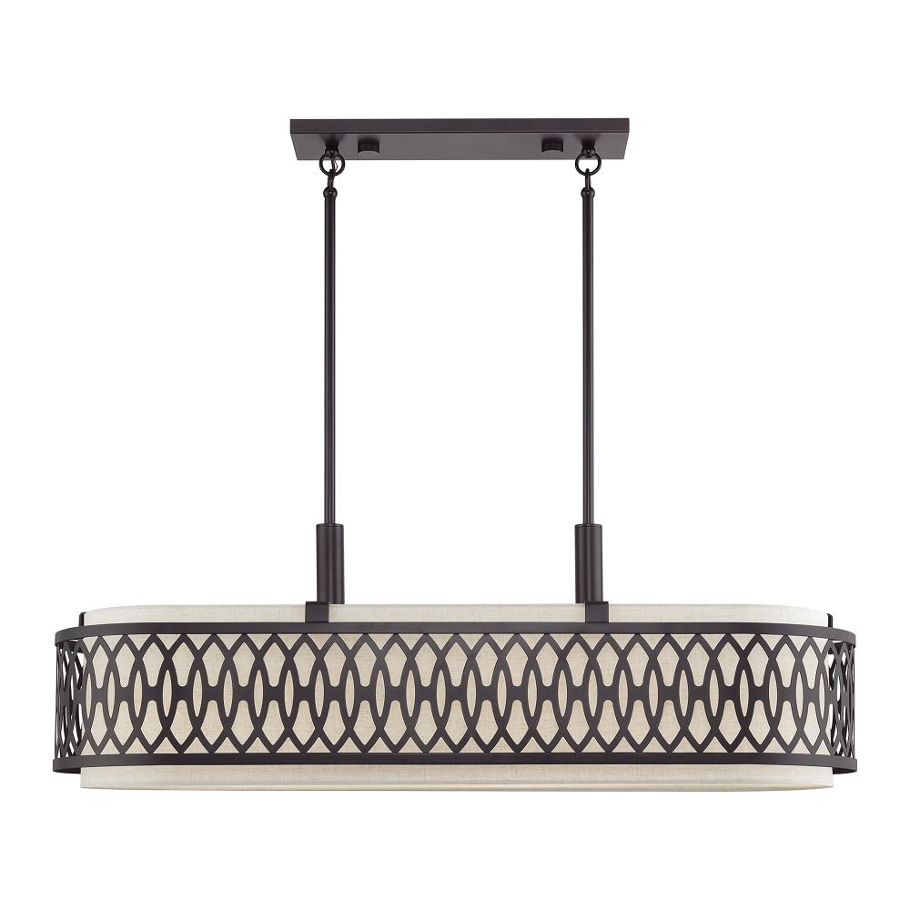 6 Light English Bronze Large Linear Chandelier with Hand Crafted Oatmeal Color Fabric Hardback Shade