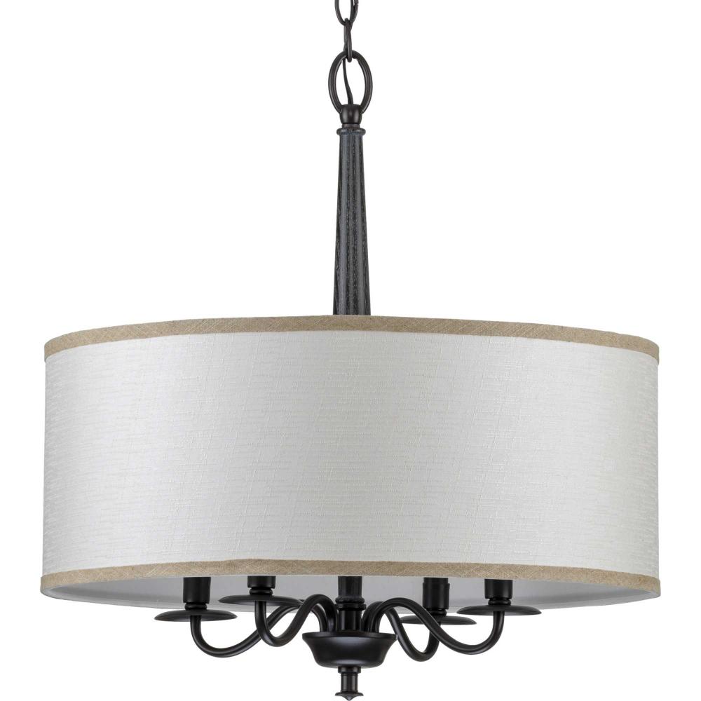 Durrell Collection Four-Light Matte Black Sailcloth Linen Fabric Shade Coastal Chandelier Light